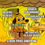 A 'This is Fine' meme depicting a cartoon dog, labelled 'Capcom', sitting calmly in a room engulfed in flames. The flames are labelled with the major issues plaguing Monster Hunter Wilds: 'Negative Reviews', 'Broken Performance', '98% Drop in Steam Players', 'No Contents, No Elder Dragon', and 'Stock Price Dropping'. The image satirises Capcom's perceived inaction amidst widespread criticism and the game's disastrous launch.