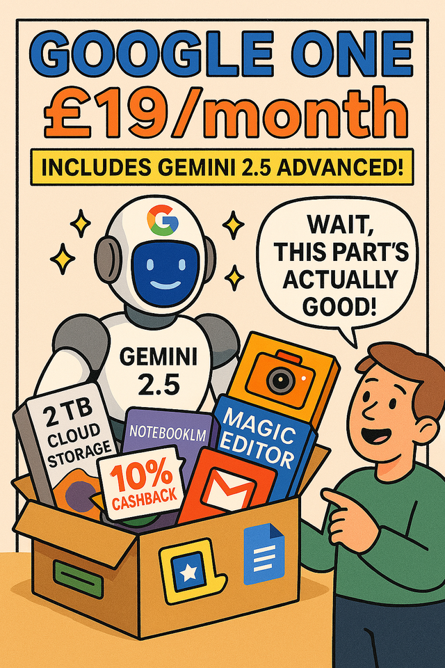 Cartoon-style image showing a Google-branded robot labeled “Gemini 2.5” standing in a cardboard box filled with icons for 2TB cloud storage, Gmail, Magic Editor, 10% cashback, and more. A happy user points at the robot while saying “Wait, this part’s actually good!” Above the box is a bold sign reading “Google One – £19/month, Includes Gemini 2.5 Advanced!” in colourful lettering.