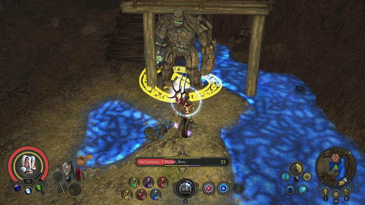 Sacred 2 Remaster gameplay showing the Seraphim facing the Gar’Colossus boss after it becomes stuck beneath a small wooden bridge in a glowing blue cave.
