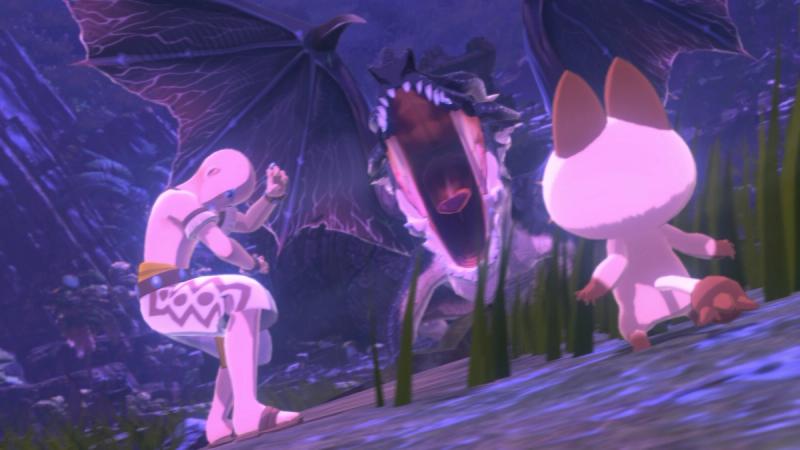 Screenshot of monster hunter stories 2, showing the cutscene of the secret post game boss, fatalis.
