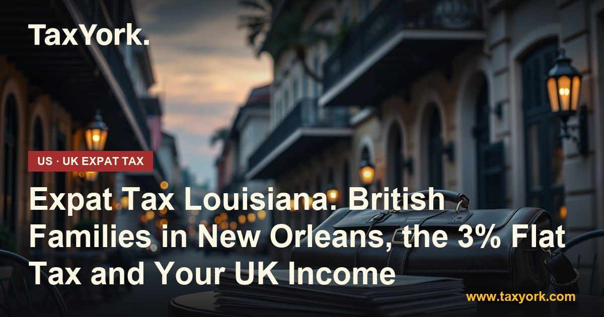 Expat tax Louisiana: leather briefcase and tax papers on a cafe table in the New Orleans French Quarter at dusk