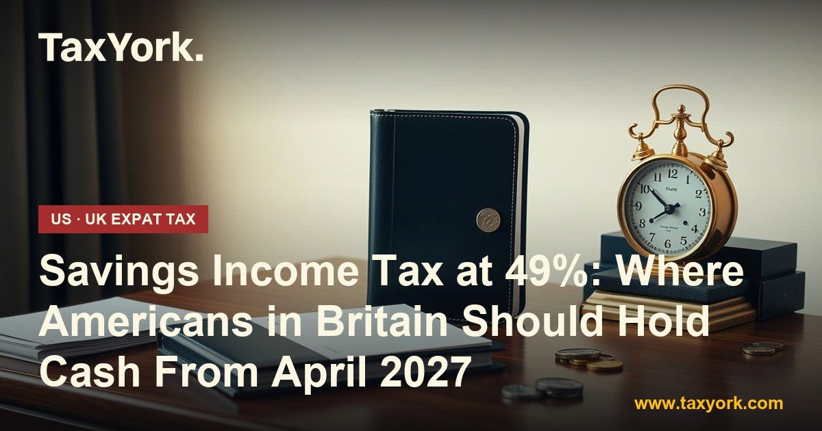 Savings income tax: navy leather folder, brass desk clock and small coin stacks on a walnut desk in soft light