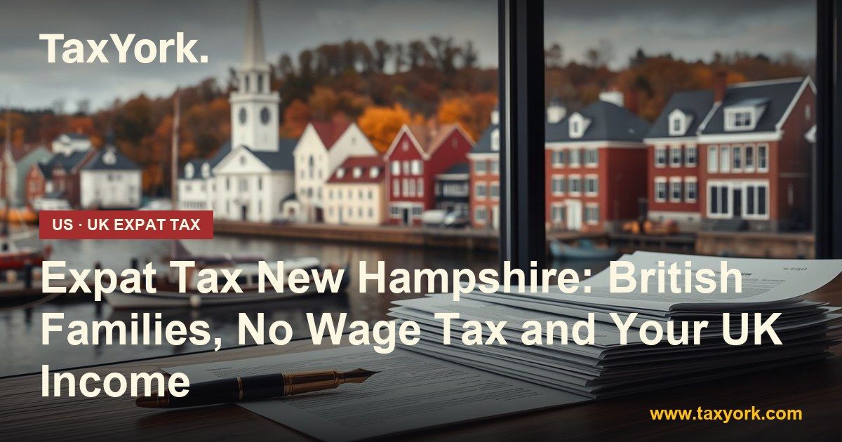 Expat tax New Hampshire: fountain pen and tax papers on a desk overlooking a New England harbour town in autumn