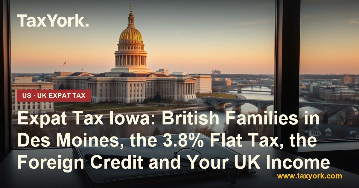 expat tax Iowa: Des Moines state capitol dome and river at sunrise seen from a desk, for British families with UK income