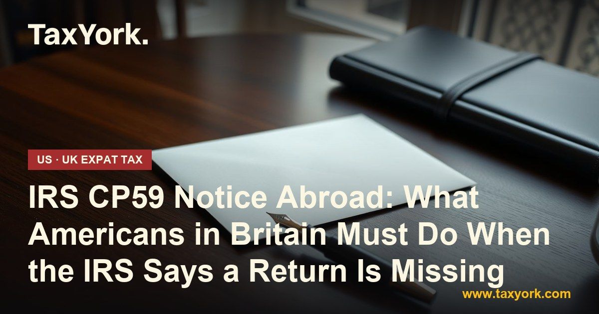 CP59 notice: unopened IRS envelope and fountain pen on a walnut desk beside a closed leather folder