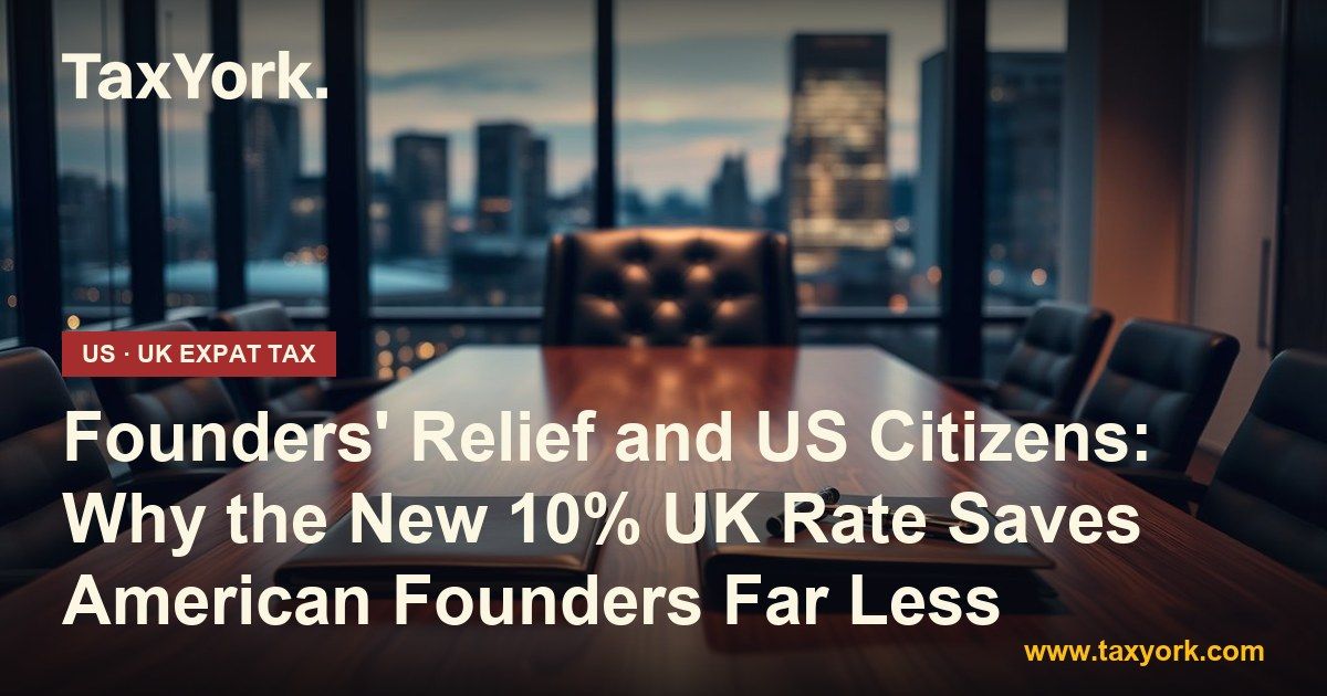 Founders' Relief for US citizens: empty founder's chair at a walnut boardroom table with closed folders and a pen at dusk