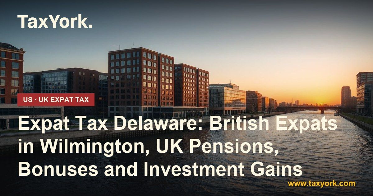 Expat tax Delaware: brick office buildings along the Wilmington riverfront at sunset, reflected in the river