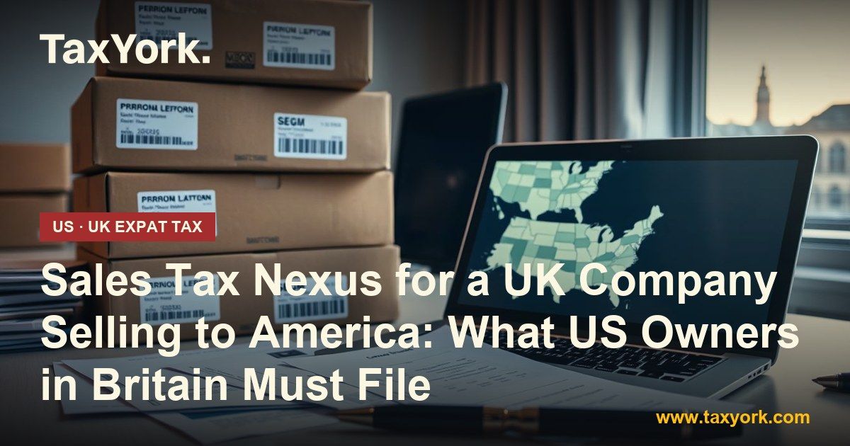 Sales tax nexus: shipping boxes for US customers beside a laptop showing a map of American states on a London desk