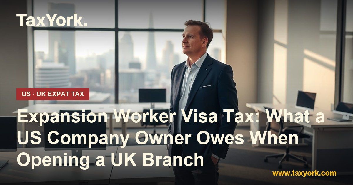 Expansion Worker visa: a US company founder in a navy suit in a new, empty London office overlooking the City skyline