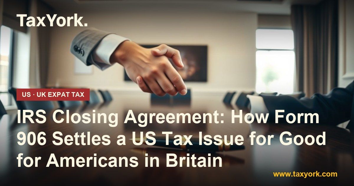 IRS closing agreement: a suited hand reaches across a polished London boardroom table towards a navy fountain pen