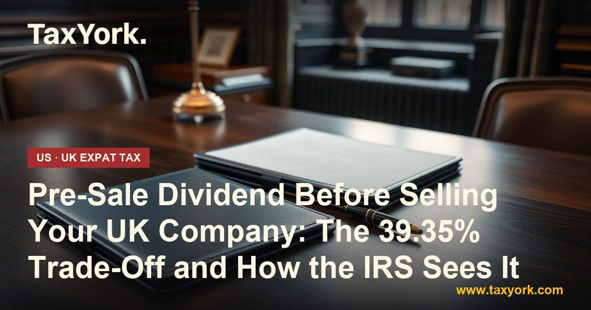 Pre-sale dividend decision: closed navy leather folders and a fountain pen on a boardroom table before a UK company sale