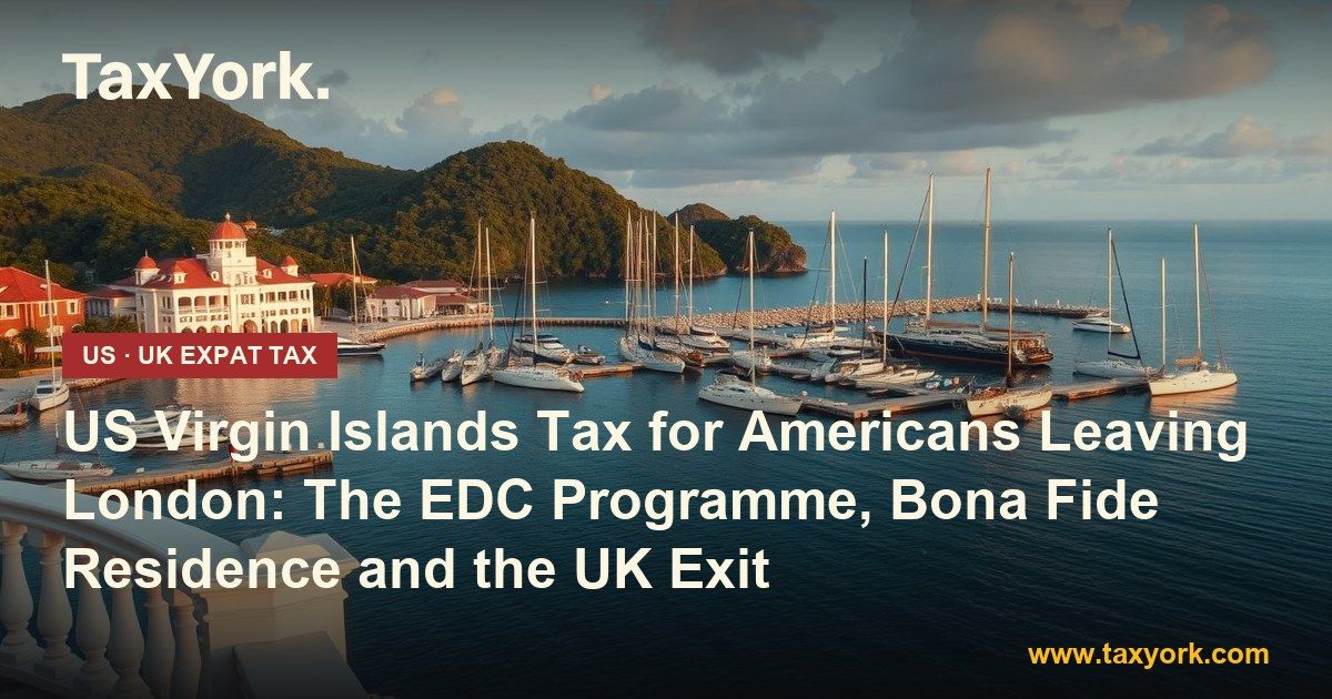 US Virgin Islands tax: Caribbean harbour of moored yachts and a red-roofed colonial building at golden hour