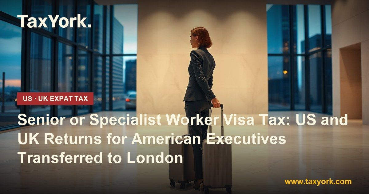 Senior or Specialist Worker visa: an American executive with suitcases in a City of London office lobby at dusk