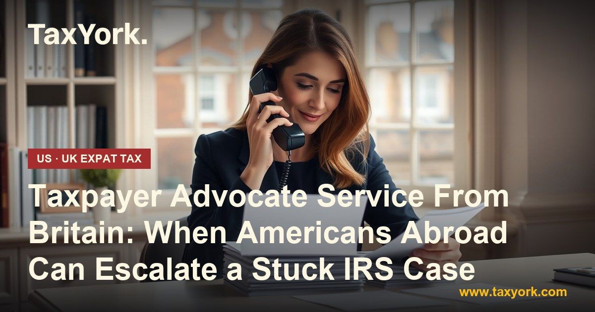 Taxpayer Advocate Service: a woman at a London desk holds a phone to her ear while reading a stack of unanswered tax letters
