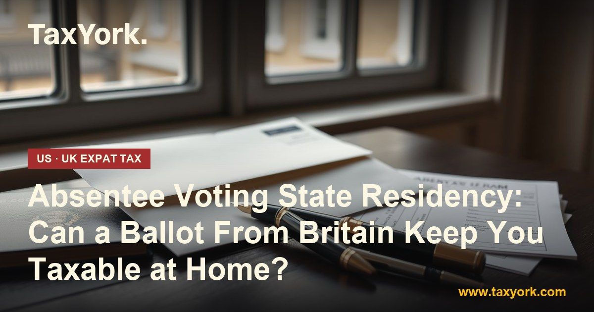 Absentee voting state residency: an overseas ballot envelope, voting form, pens and passport on a desk by a London window
