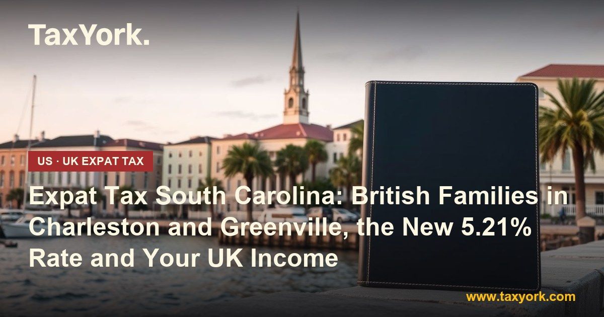 expat tax South Carolina: Charleston harbour townhouses and church steeple with a leather folder, for British families with UK income