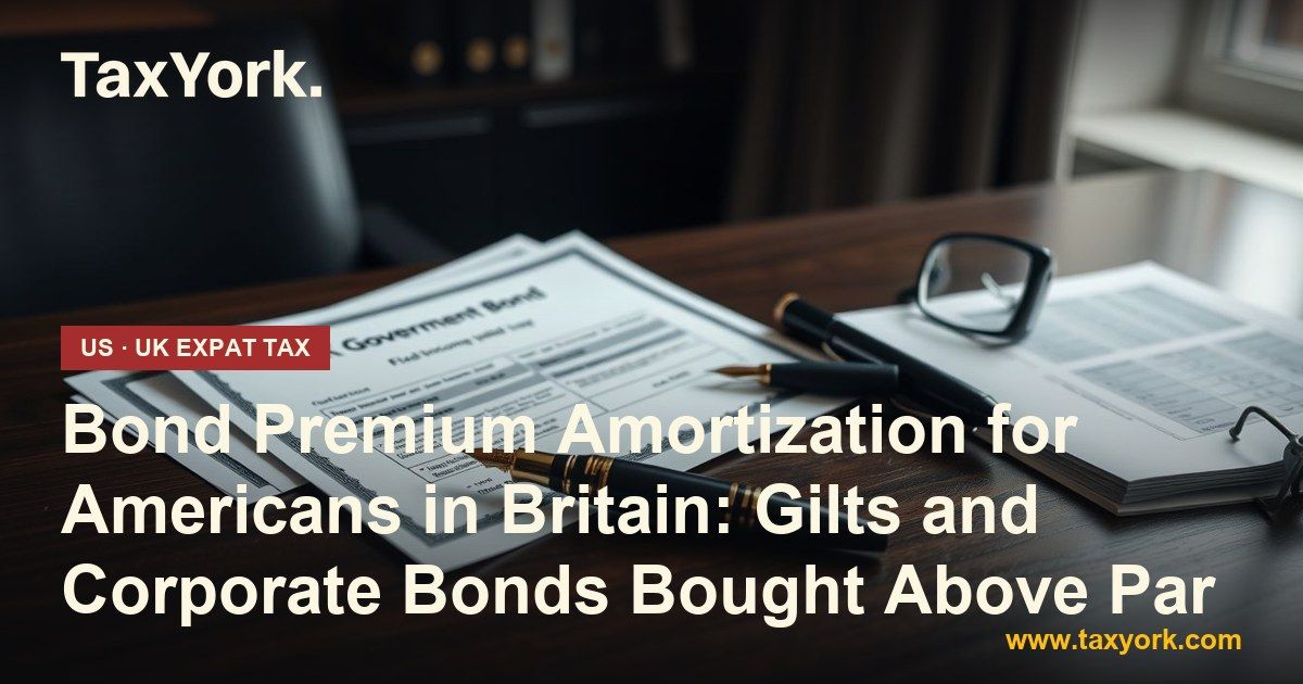 Bond premium amortization: government bond certificate, fountain pen and glasses on a walnut desk in a London office