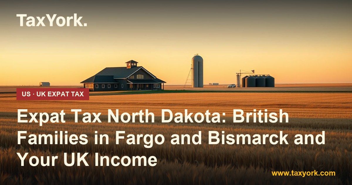 Expat tax North Dakota: farmhouse and grain bins on golden wheat prairie at sunset, home to British families in Fargo
