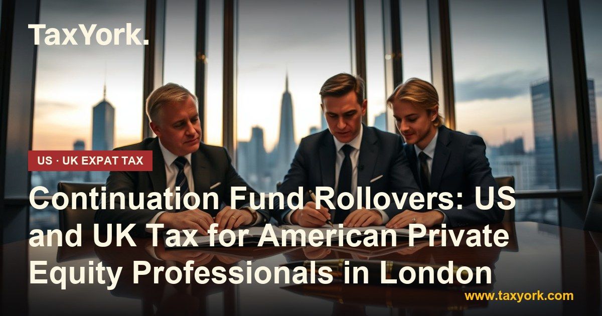 Continuation fund rollover: three private equity partners sign documents at a boardroom table at dusk, city skyline behind