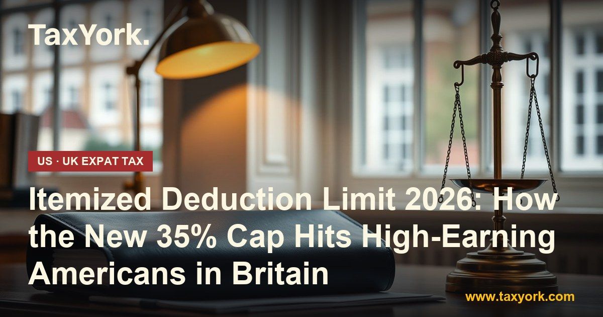 Itemized deduction limit 2026: brass balance scale, desk lamp and navy folio in a London study with Georgian windows