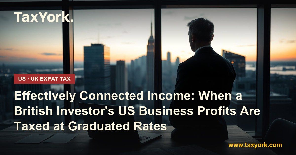 Effectively connected income: investor in a navy suit facing a US city skyline at dusk, laptop and papers on the table