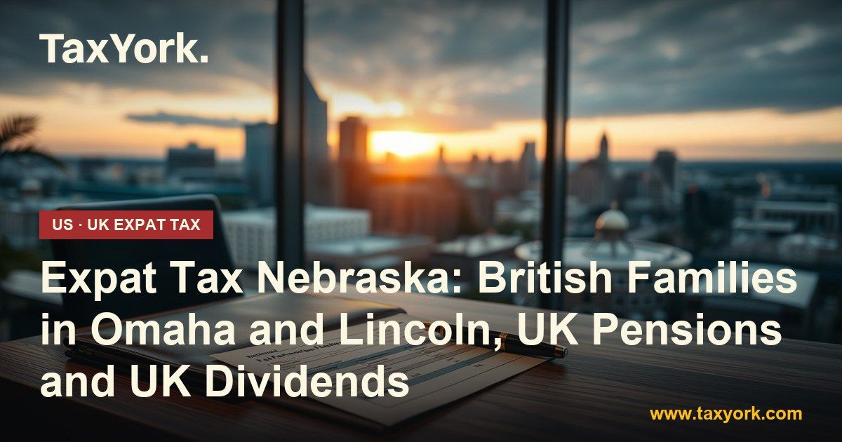 Expat tax Nebraska: tax papers and a pen on a desk overlooking the Omaha skyline at sunset