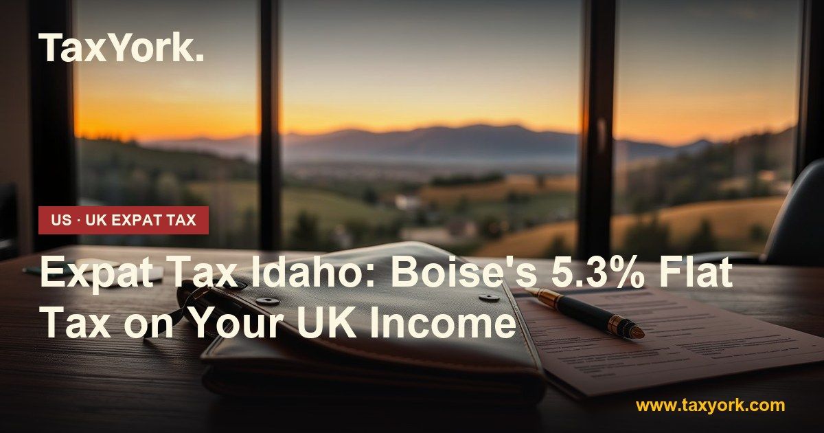 Expat tax Idaho: Boise home office desk with leather portfolio, pen and tax forms facing the foothills at sunset