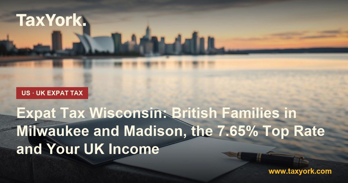 expat tax Wisconsin: Milwaukee lakefront skyline at dawn with a document folder and pen, for British families with UK income