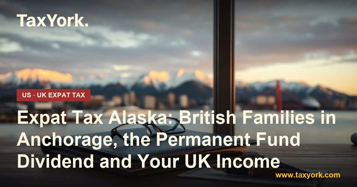 Expat tax Alaska: Anchorage waterfront and snowy Chugach peaks behind a desk with a leather portfolio and reading glasses