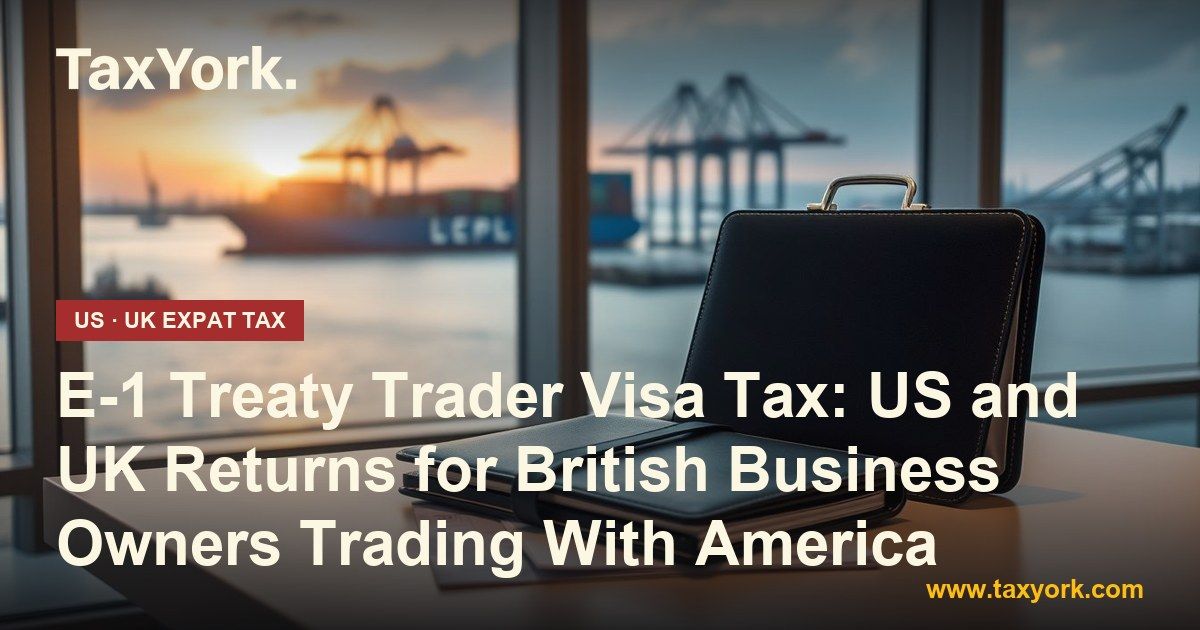E-1 treaty trader visa: a navy leather portfolio on a desk overlooking a container ship and port cranes at dawn