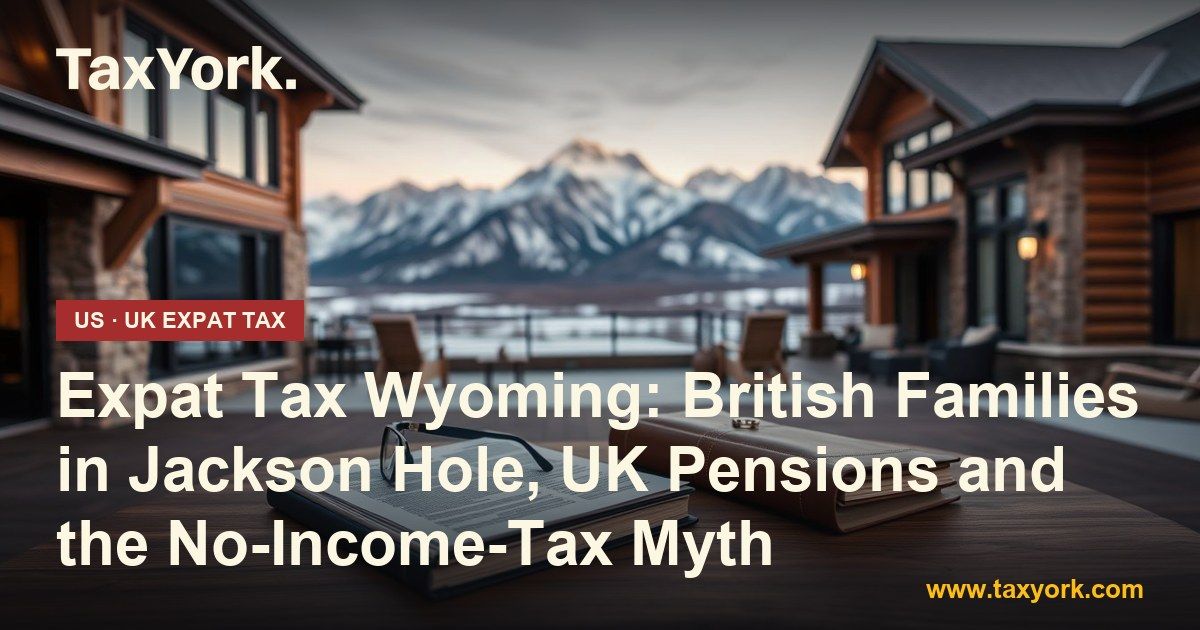 Expat tax Wyoming: a timber and stone Jackson Hole home at dusk below the Teton peaks, with tax papers on the terrace table