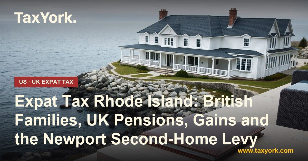 Expat tax Rhode Island: white coastal mansion on a rocky New England shore with a leather portfolio on a stone terrace