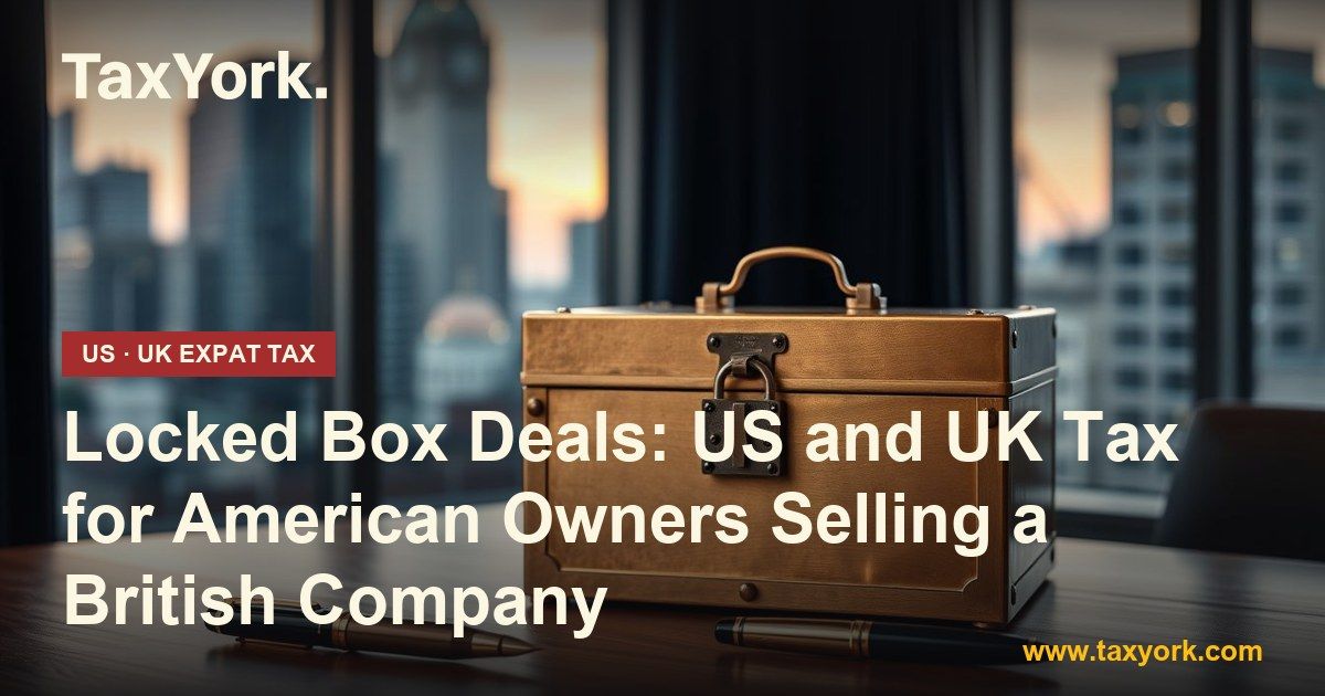 Locked box sale of a UK company: padlocked brass strongbox and pens on a boardroom table above the City of London