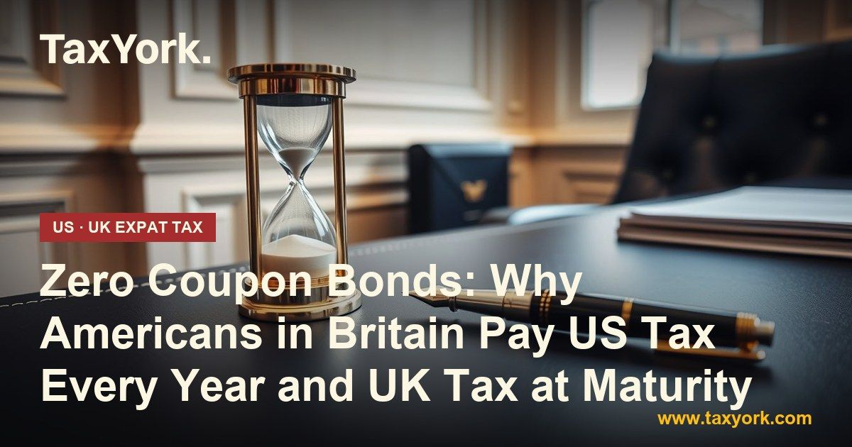 Brass hourglass and pen on a navy desk, showing the timing gap in how zero coupon bonds are taxed in the US and UK