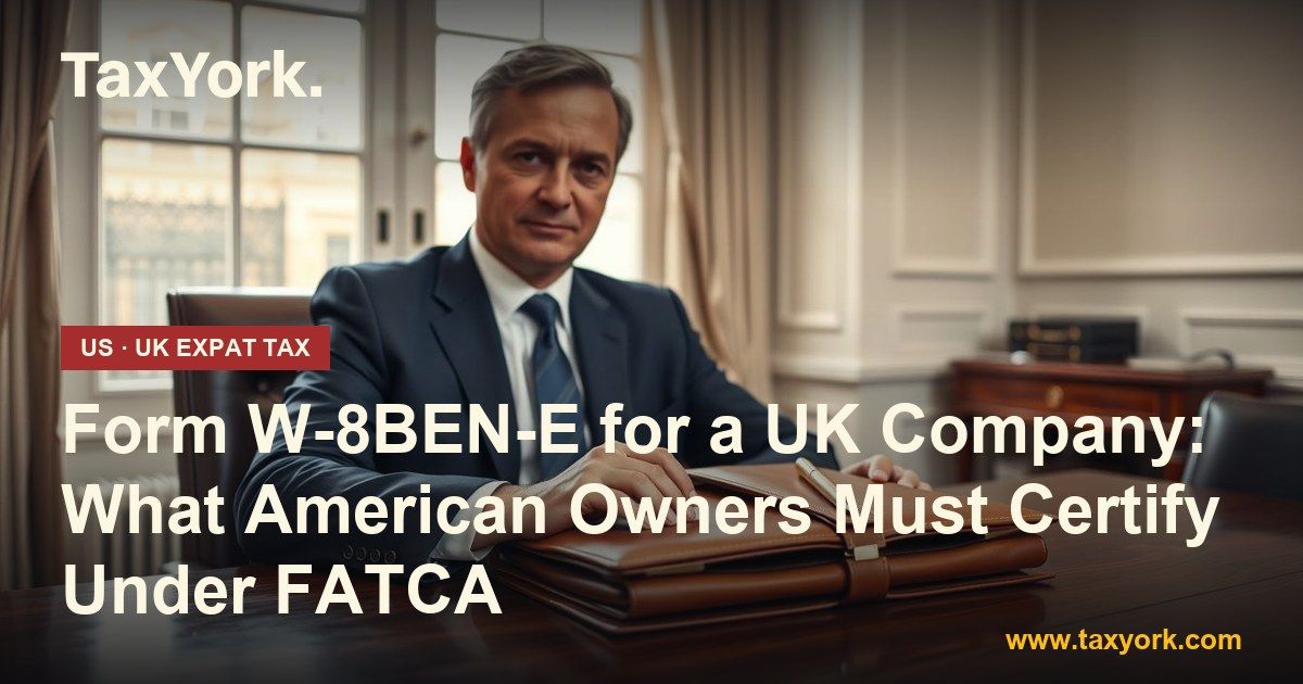 Form W-8BEN-E: American owner of a UK company at a London boardroom table, hand on a leather portfolio with a pen