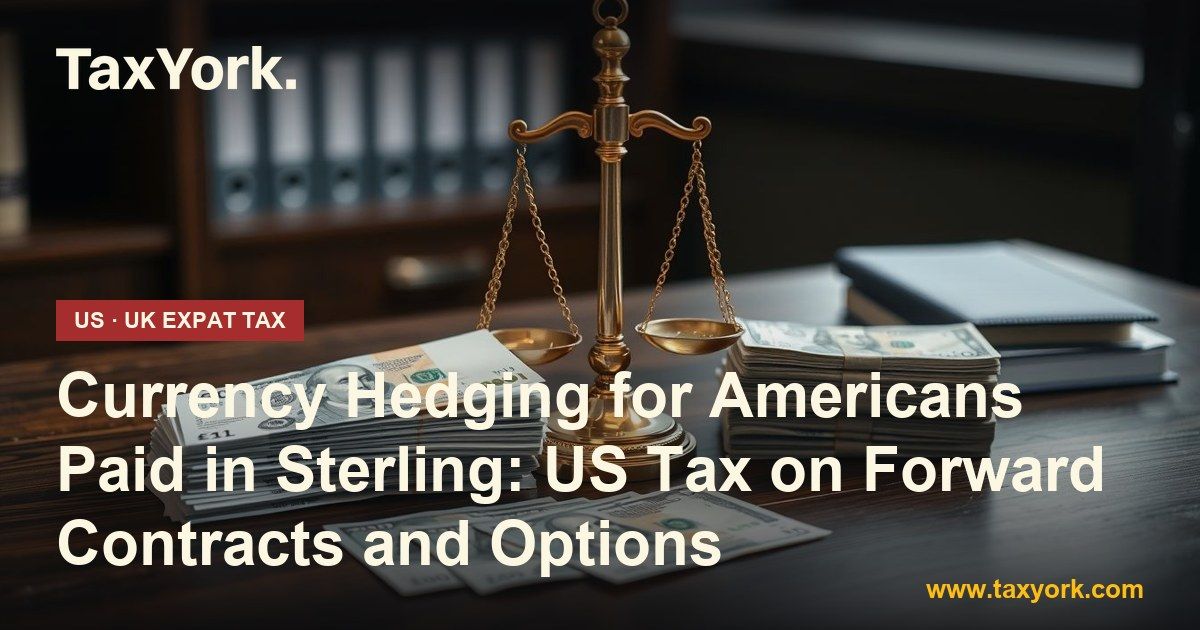 Currency hedging for Americans paid in sterling: a brass balance scale between two stacks of banknotes on a desk
