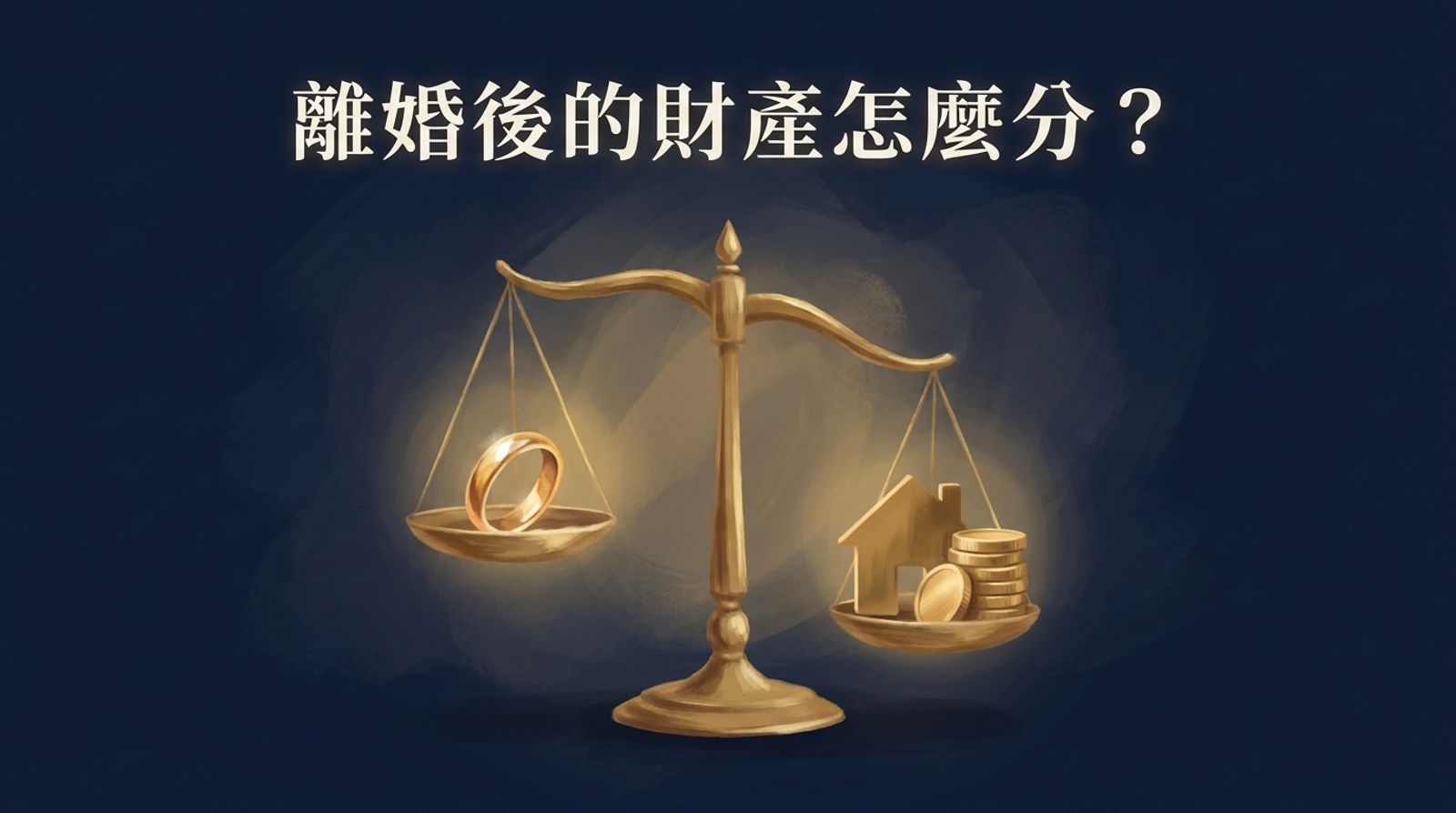 離婚後財產分配,天秤一側婚戒一側房屋與金幣