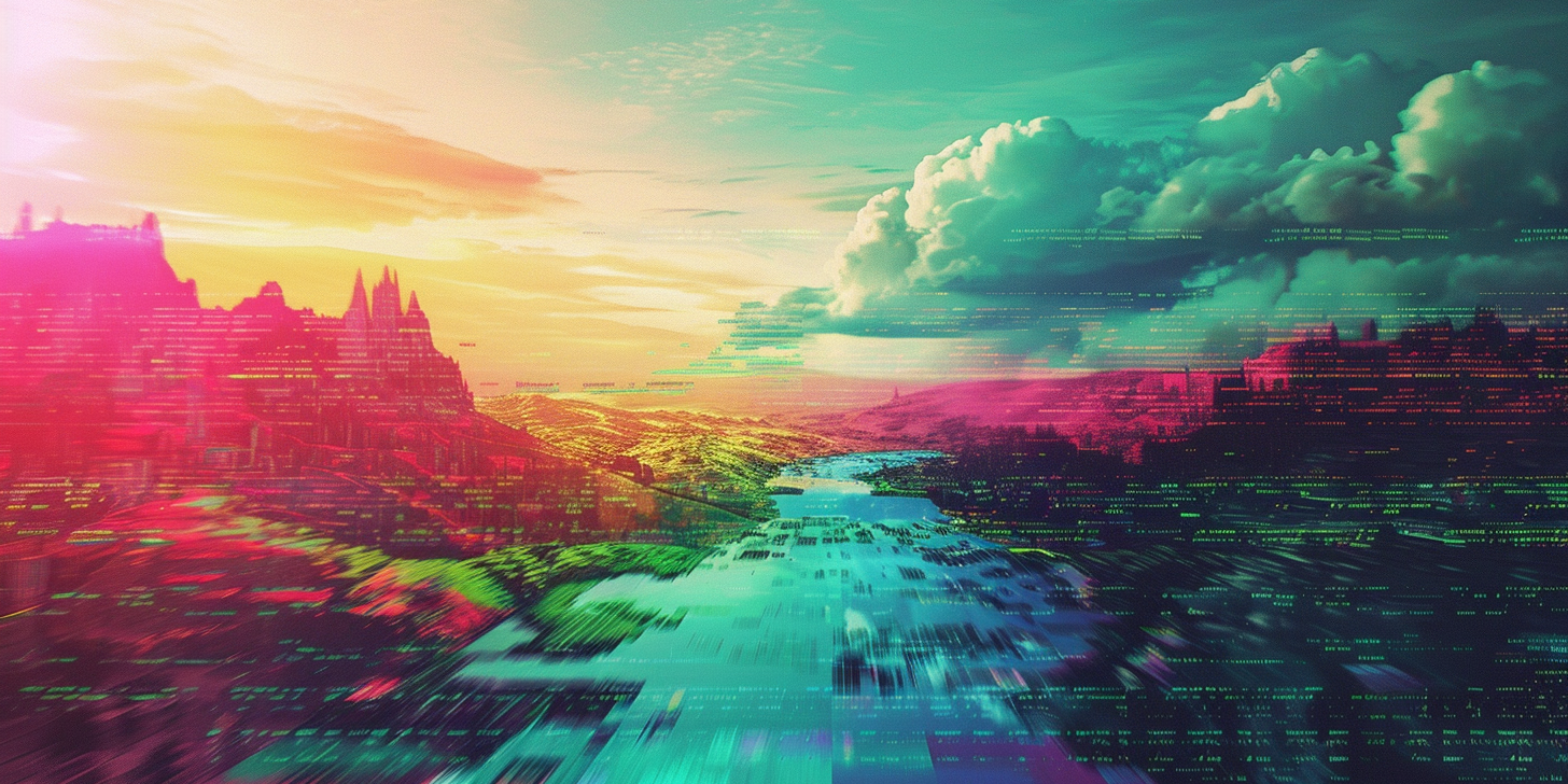 A monotone block of HTML code morphing into a colorful landscape