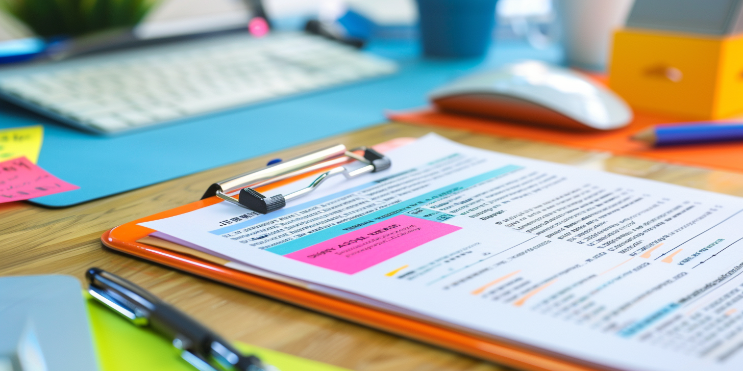 A colorful image of a job application on a clipboard with a computer keyboard and mouse in the background