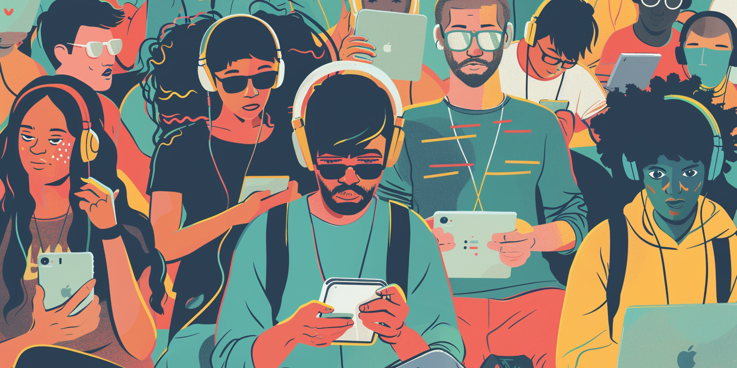 A group interacting with digital devices like phones, laptops and headphones