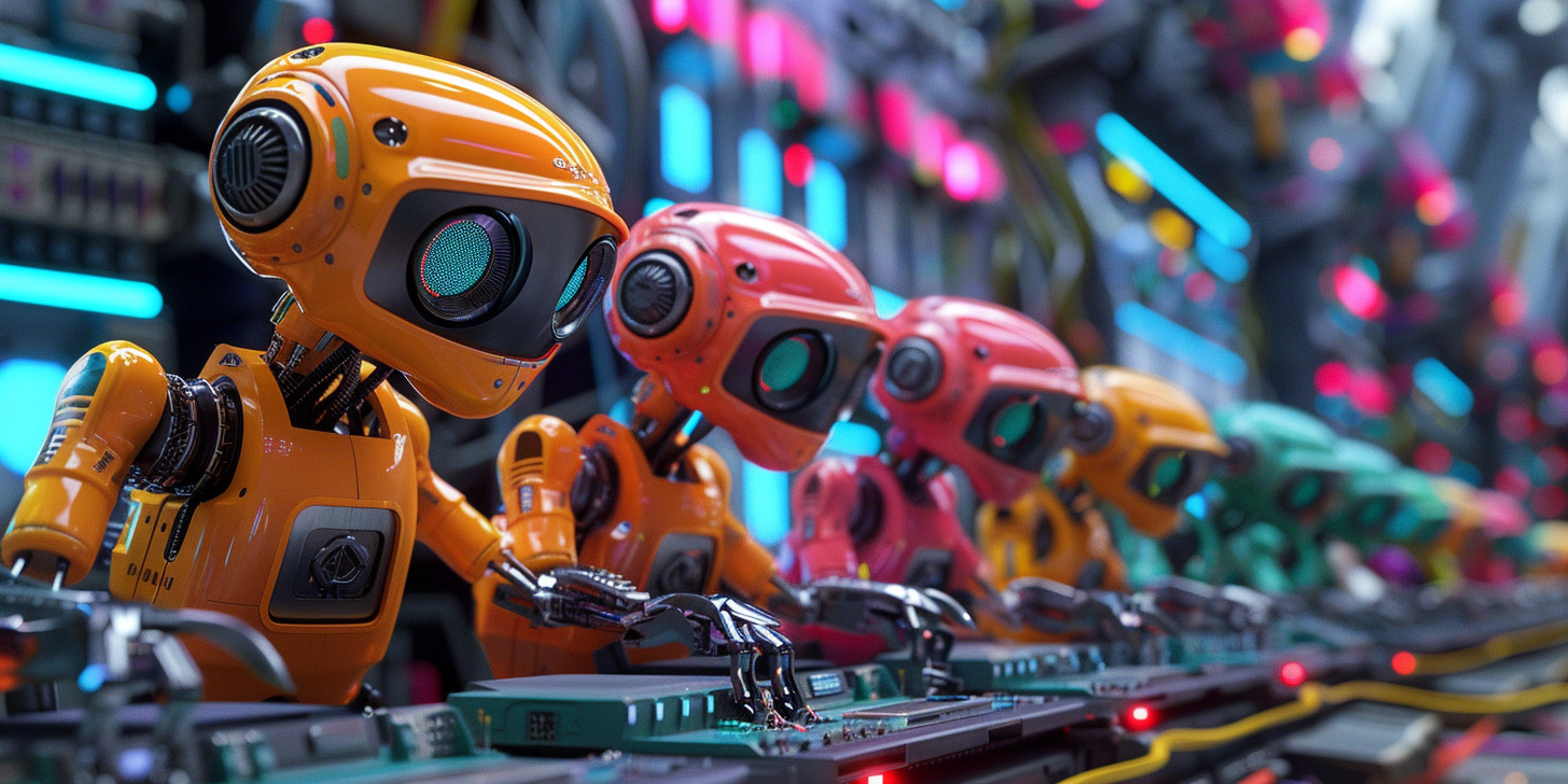 Colorful robots doing an inspection of the inside of a computer