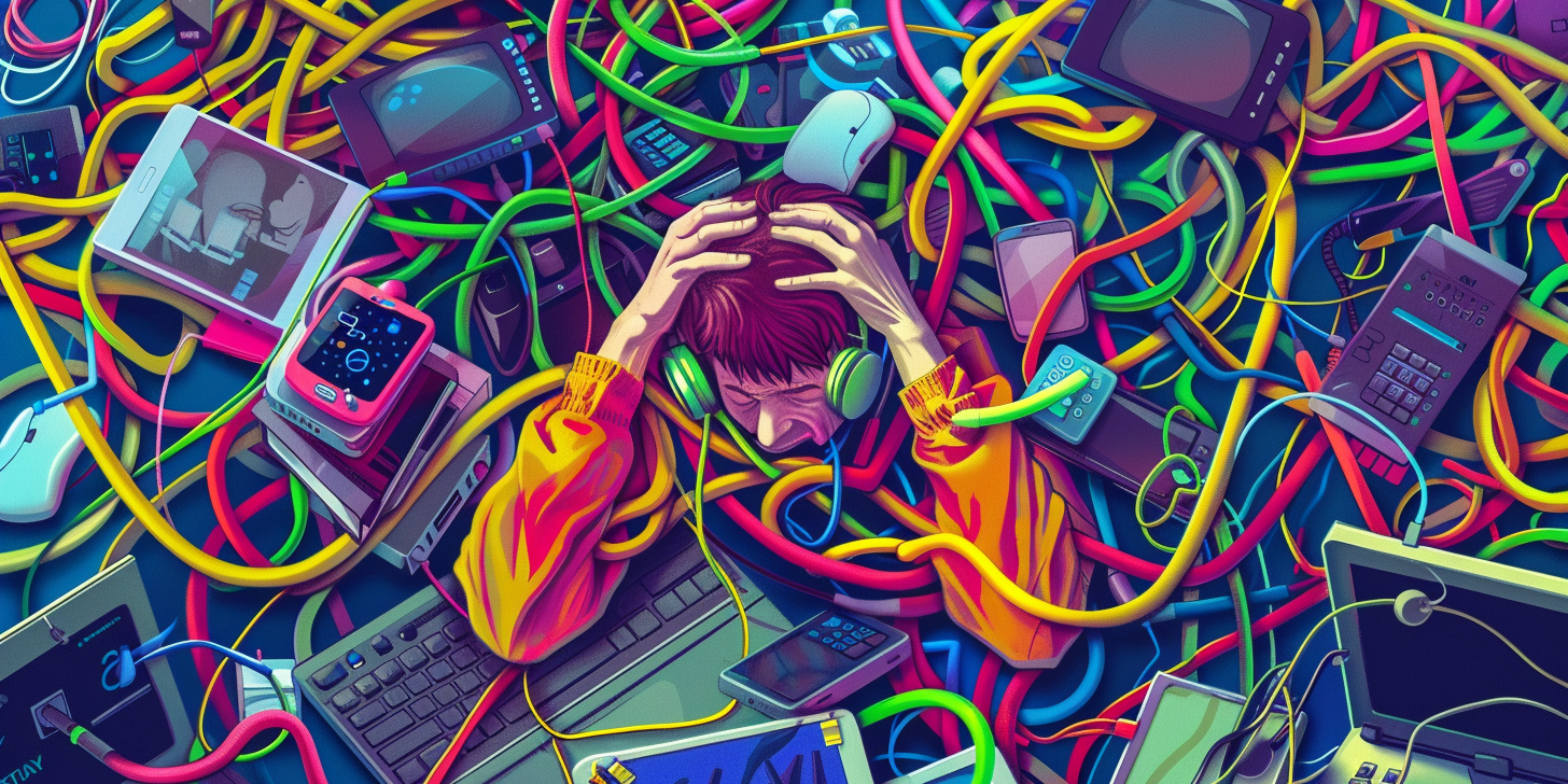 A bright, colorful, funny image of an anxious software developer tangled up in mouse and keyboard cables with a huge pile of assorted electronic devices like smartphones, headphones, keyboards, mouses and tablets surrounding them