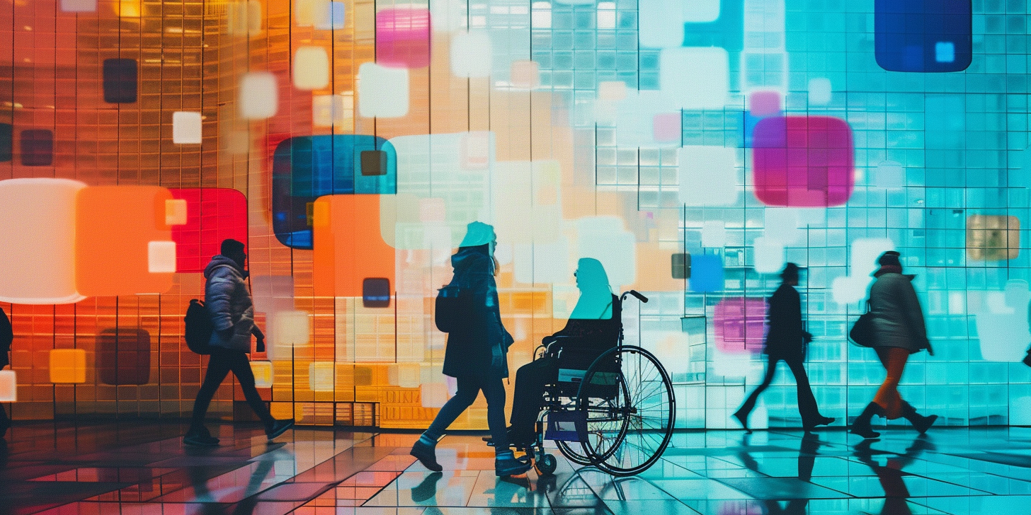 Various people in motion against a colorful background