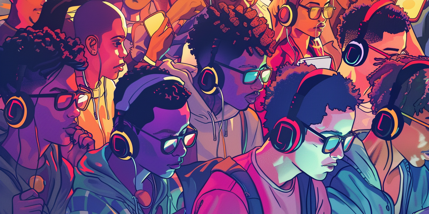 A diverse group of people wearing glasses and headphone while using digital touch devices