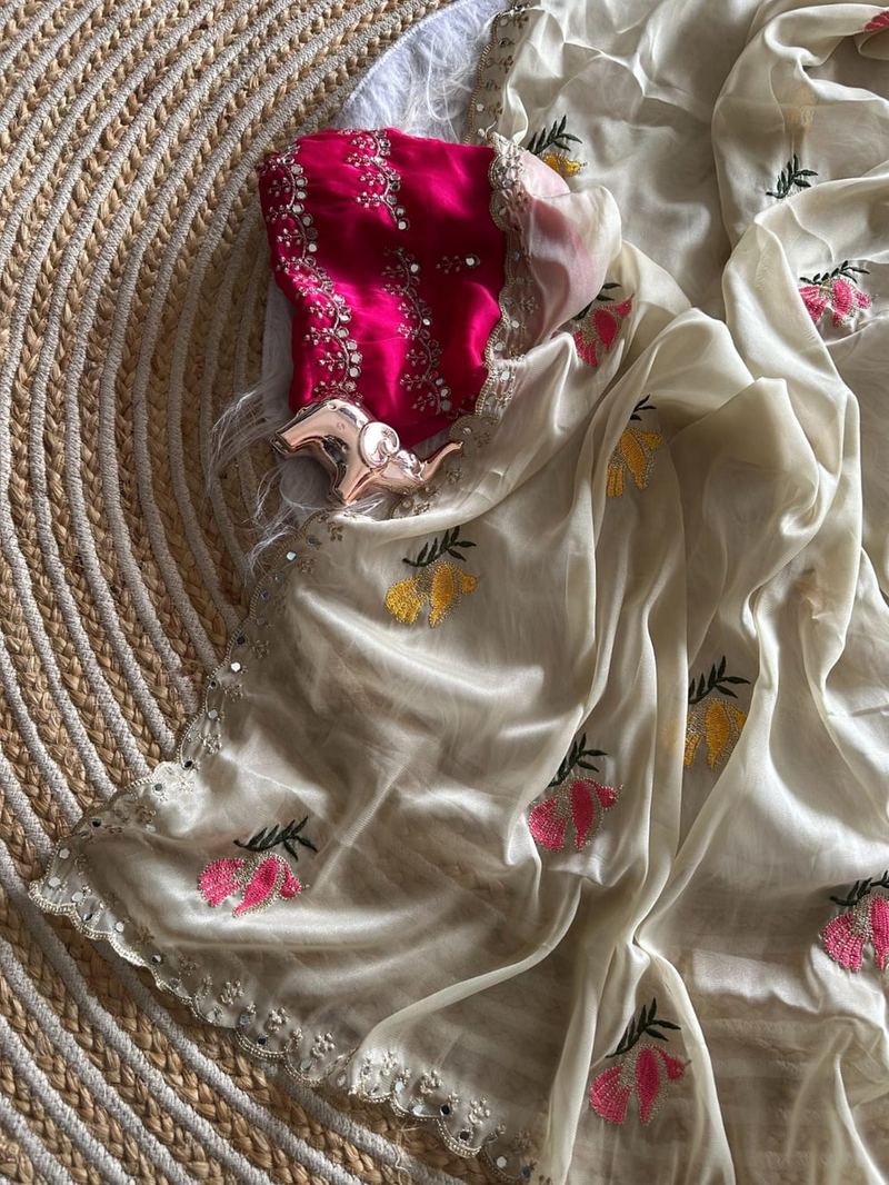Ivory Floral Embroidered Saree hover view