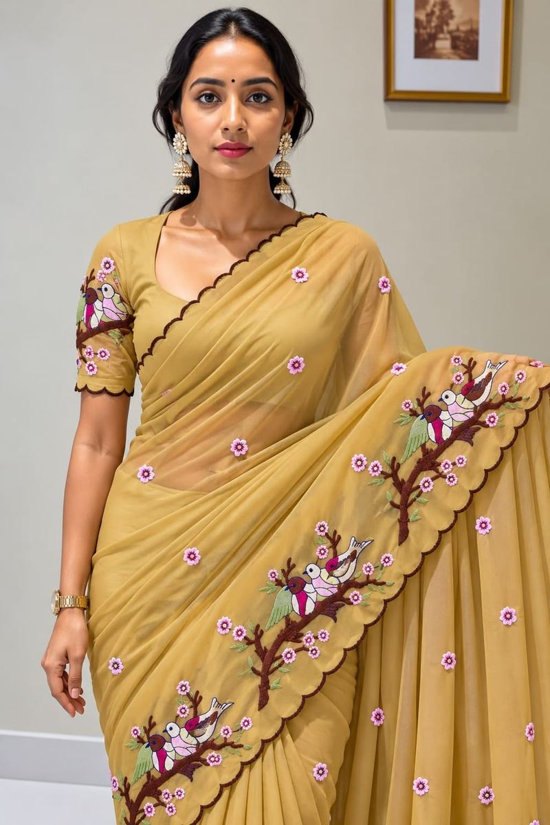 Bird Embroidered Scalloped Saree alternate