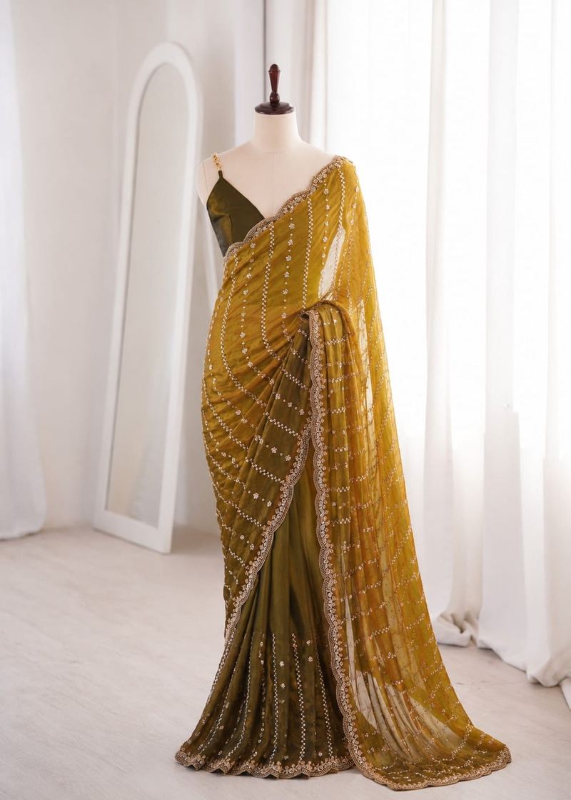 Dual Shade Space Silk Saree with Gold Bead Work