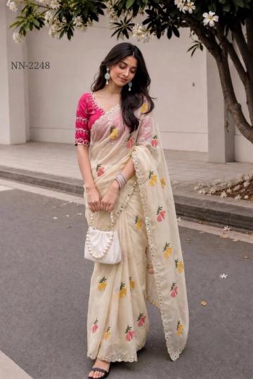 Ivory Floral Embroidered Saree