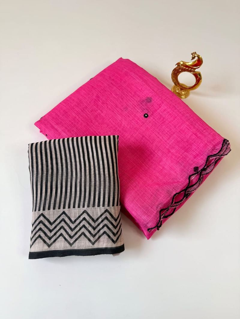Scalloped Saree with Striped Blouse hover view
