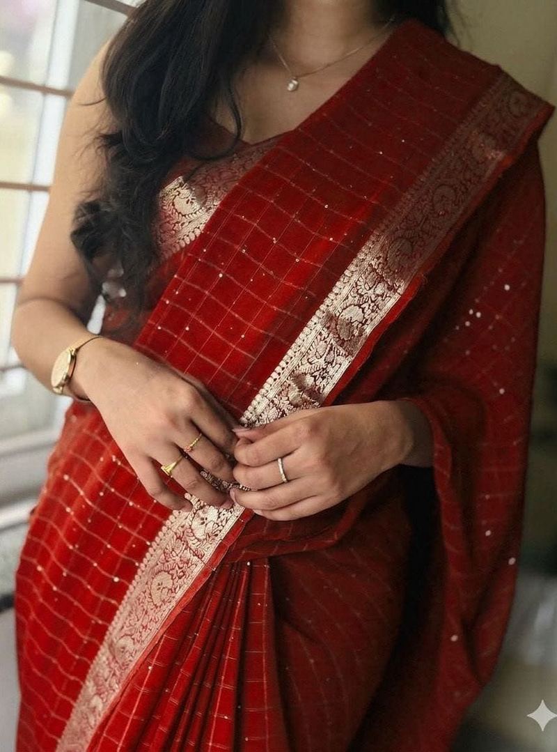 Sequin Checks Saree with Zari Border hover view
